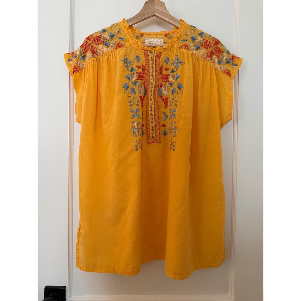 Biya Johnny Was Yellow Embroidered Cotton Boho Tunic Top Size Large Western